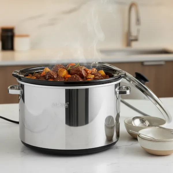 Elegant All-Clad slow cooker filled with food, ready for serving on a modern kitchen counter.