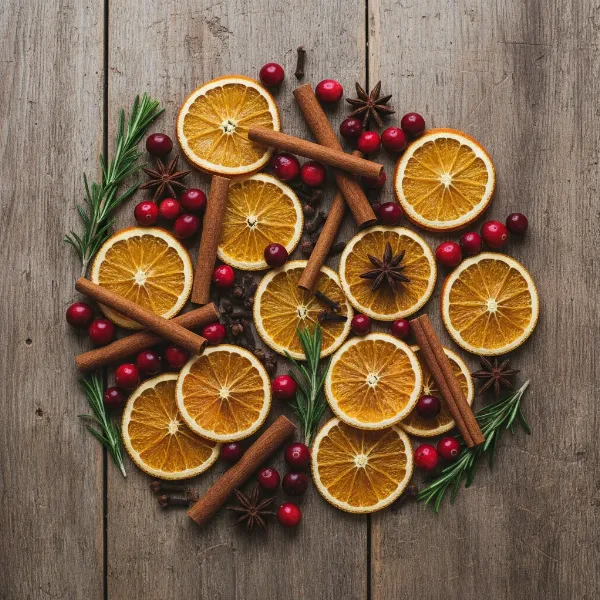 A flat lay of natural autumn potpourri ingredients like oranges, cinnamon, cranberries, and rosemary.