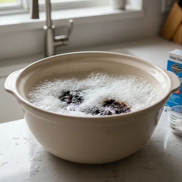 Baking soda and vinegar solution fizzing in a slow cooker insert to clean burnt food.