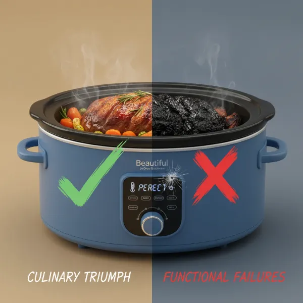 A beautiful slow cooker with a red cross mark, symbolizing common performance issues and troubleshooting.