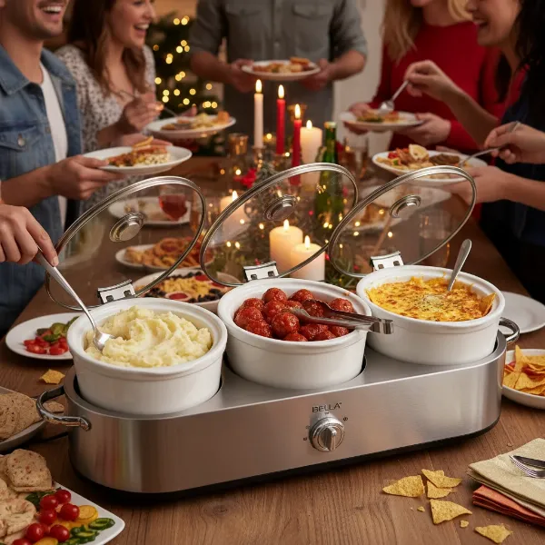 Bella 3-Pot buffet station serving multiple hot dishes at a party