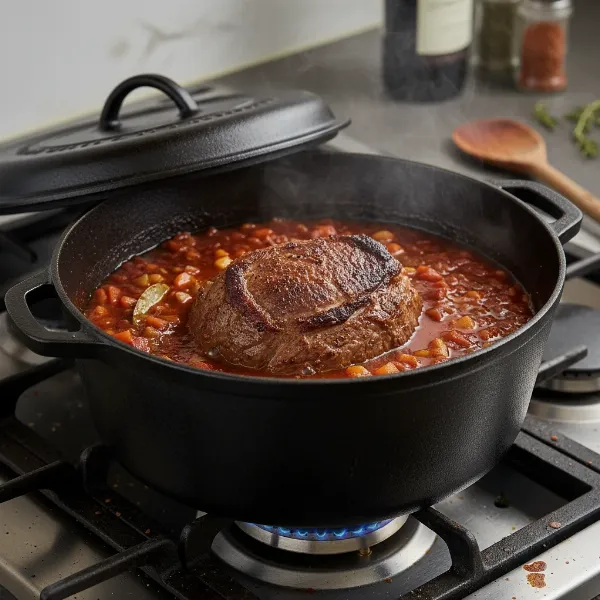 Seared meat partially submerged in liquid in a Dutch oven for braising.
