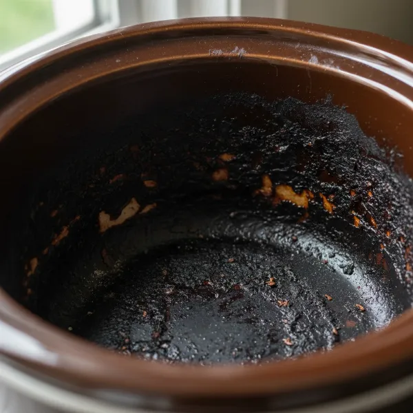 Burnt food stuck to the bottom of a ceramic slow cooker insert.