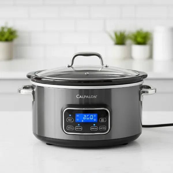 A sleek Calphalon Digital Sauté Slow Cooker with its removable pot and clear glass lid.