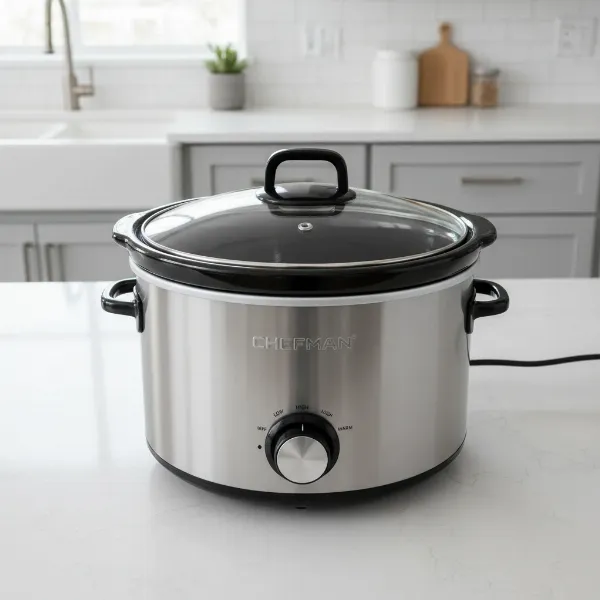 Chefman 6-quart slow cooker with ceramic insert, glass lid, and stainless steel exterior.