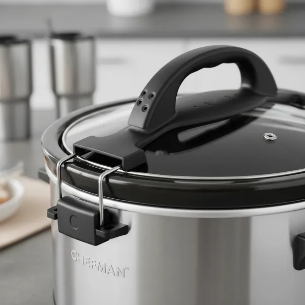 Close-up of Chefman slow cooker's lid, showing the secure locking mechanism and large carry handles.