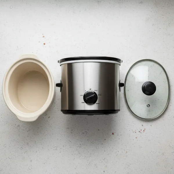 components of classic slow cooker with stoneware pot, lid, and heating element on counter