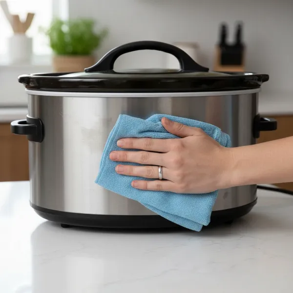 Hand wiping the metal exterior of a slow cooker with a damp microfiber cloth, showing general cleaning.