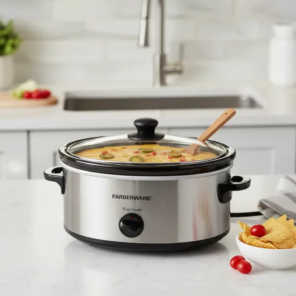 Compact 1.5-quart slow cooker on a small kitchen counter with a prepared dip