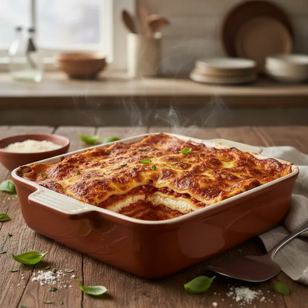 Perfectly cooked lasagna, golden brown and bubbly, served directly from a casserole slow cooker