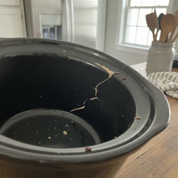 A dark ceramic slow cooker insert with a visible crack, illustrating damage.