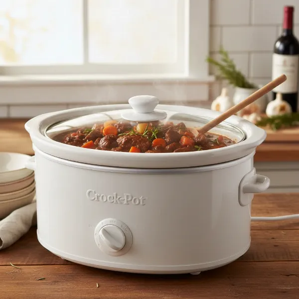 Crock-Pot 4-Quart Manual Slow Cooker with a delicious, cooked meal inside, ready to serve.