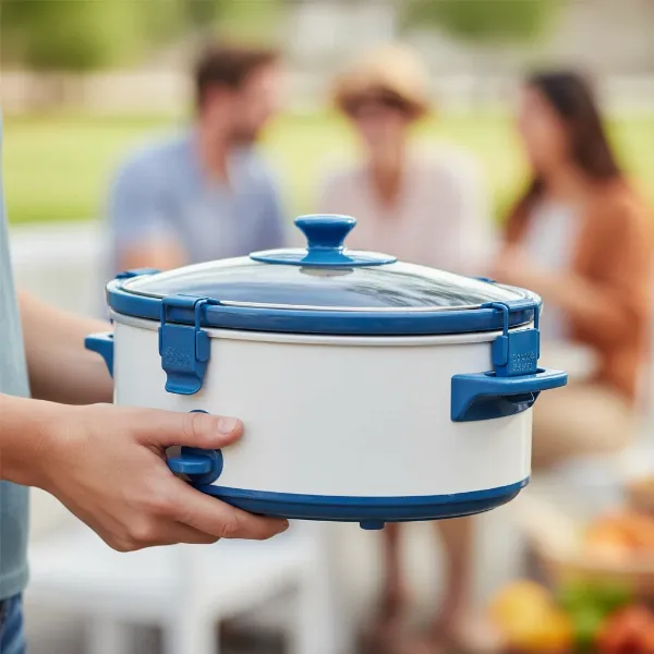 Person carrying Crock-Pot 2.5-Quart Casserole Crock with a secure locking lid, ready for transport.