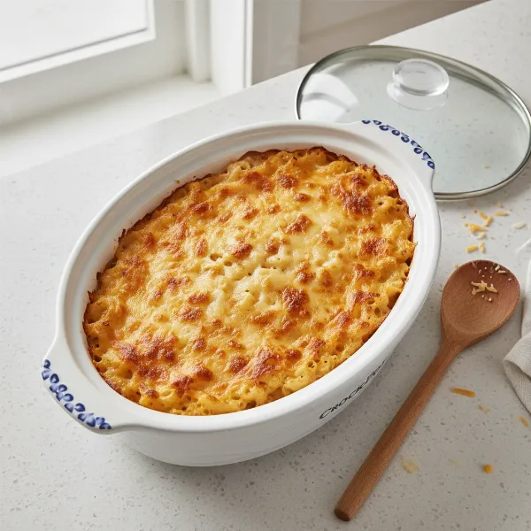 Crock-Pot 2.5-Quart Casserole Crock with a prepared dish inside, highlighting its oven-safe stoneware.