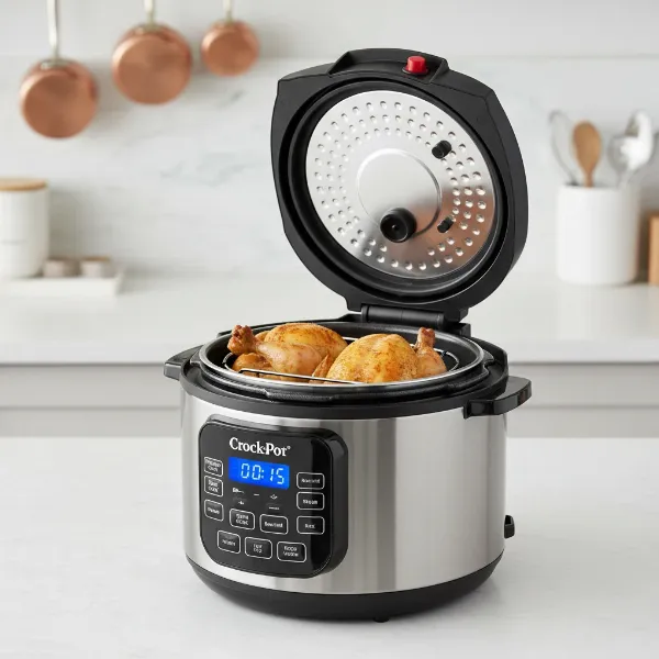 A Crock-Pot Express multi-cooker with its lid open, showcasing its inner non-stick pot and control panel.