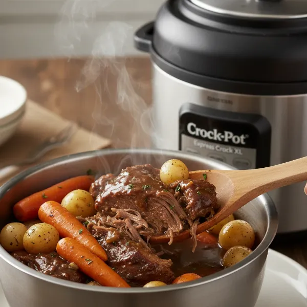 Tender pot roast with vegetables served from a Crock-Pot Express Crock XL multi-cooker.