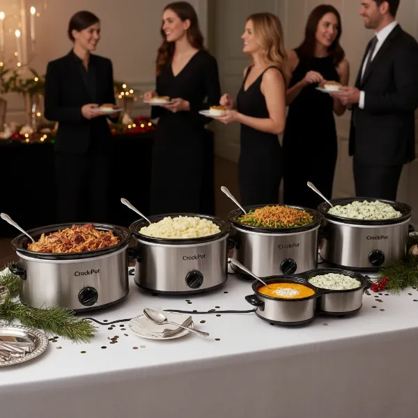 A comprehensive Crock-Pot Hook Up buffet setup with multiple units serving various dishes for a large party.