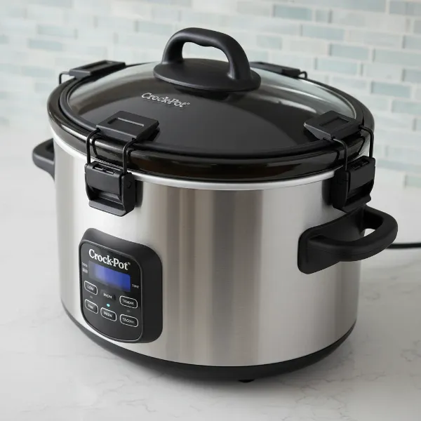 A Crock-Pot Cook & Carry slow cooker showing its locking lid and integrated handles.