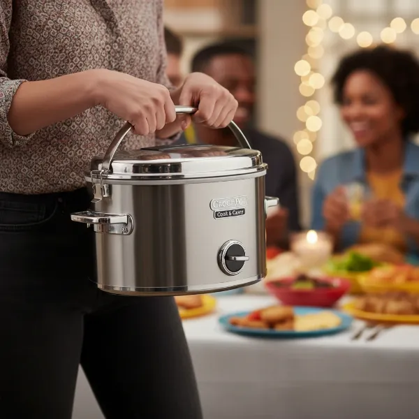 A person confidently carrying a Crock-Pot Cook & Carry slow cooker to a potluck.