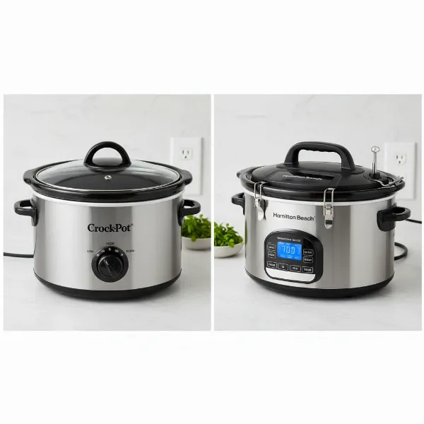 Visual comparison of a Crock-Pot and a Hamilton Beach slow cooker side-by-side, highlighting design differences.