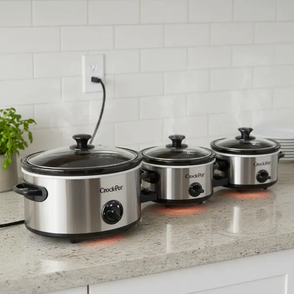 Multiple Crock-Pot Hook Up units daisy-chained, powered by a single outlet, ready for serving.