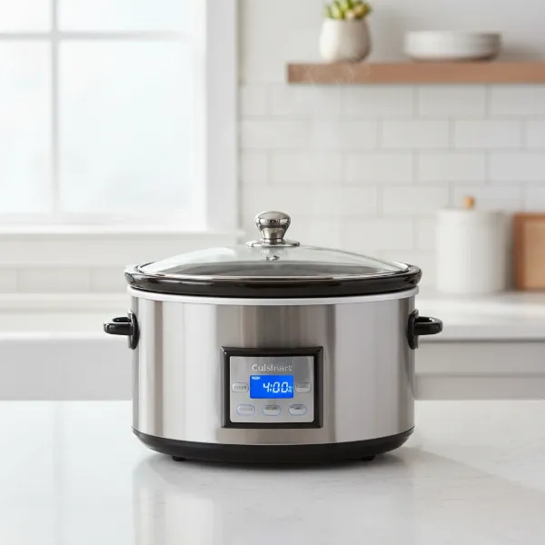 Cuisinart 3.5 quart programmable slow cooker with stainless steel housing and ceramic pot.