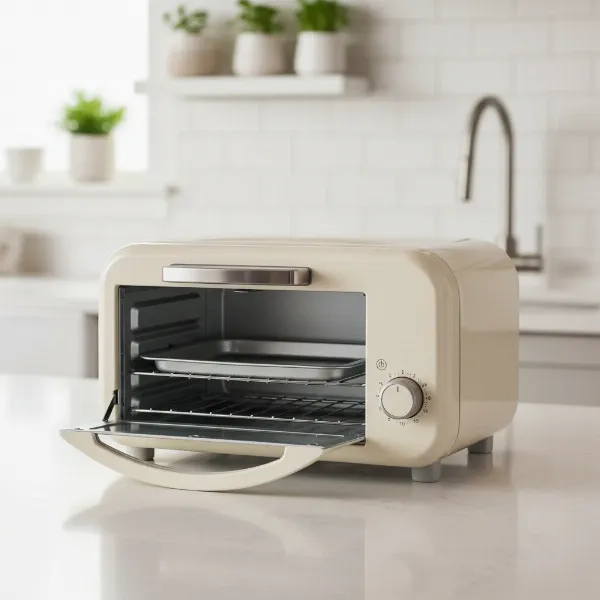 Dash Mini Toaster Oven with baking tray and rack, illustrating compact design.