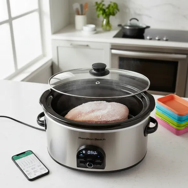 Hamilton Beach Defrost Slow Cooker with frozen meat inside, ready for a convenient cooking cycle.
