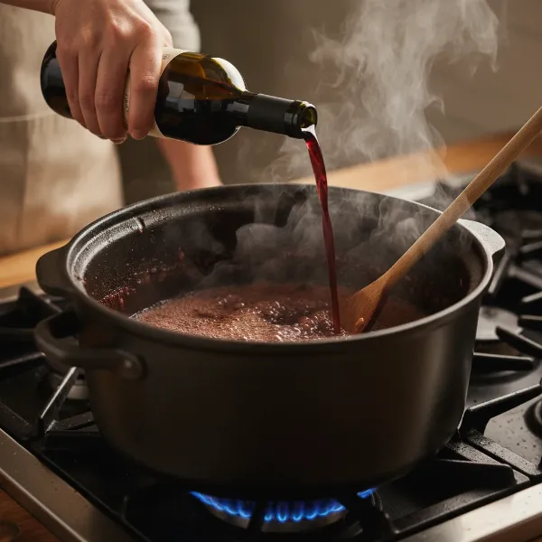 A hand pouring red wine into a slow cooker insert on a stovetop, deglazing the flavorful fond.