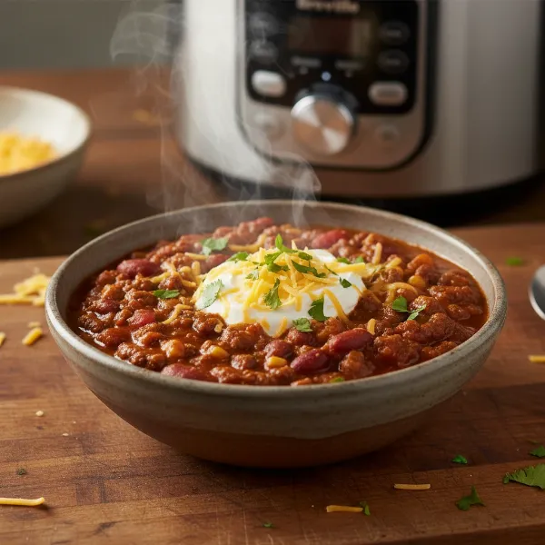 A steaming bowl of beef chili cooked in the Breville Fast Slow Pro, served with toppings.