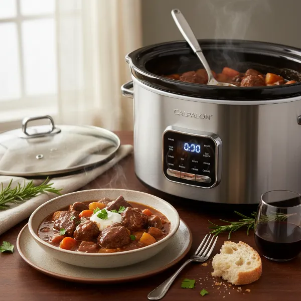A hearty, flavorful slow-cooked meal, like a stew or chili, served from the Calphalon slow cooker.