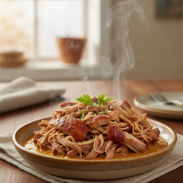 A mouth-watering slow cooker meal, possibly a pot roast or pulled pork, ready to serve on a dinner table.