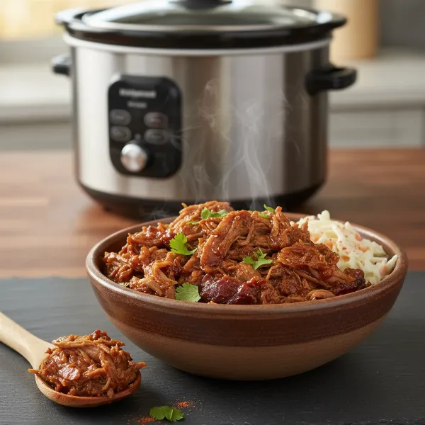 A mouth-watering bowl of pulled pork cooked in a slow cooker, served with fresh ingredients.