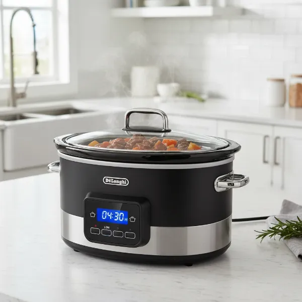 De'Longhi Livenza programmable slow cooker on a kitchen counter, showcasing its sleek design and digital display.