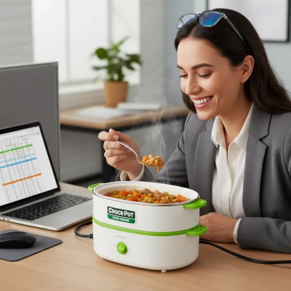 person enjoying hot homemade lunch at desk with portable crock-pot warmer