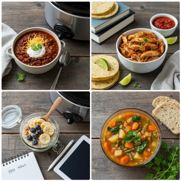 A variety of healthy and convenient meals cooked in a mini slow cooker.