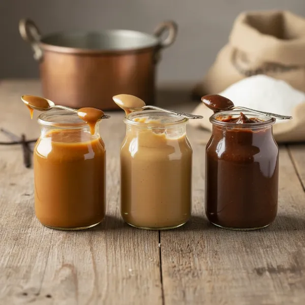 Homemade dulce de leche showcasing varying golden and rich brown consistencies from light to thick.