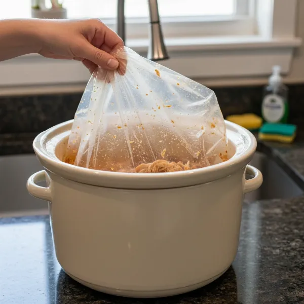 A hand effortlessly removing a used slow cooker liner from a ceramic pot, demonstrating easy cleanup after cooking.