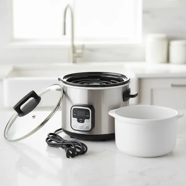 Electric slow cooker with main components: outer casing, stoneware crock, glass lid