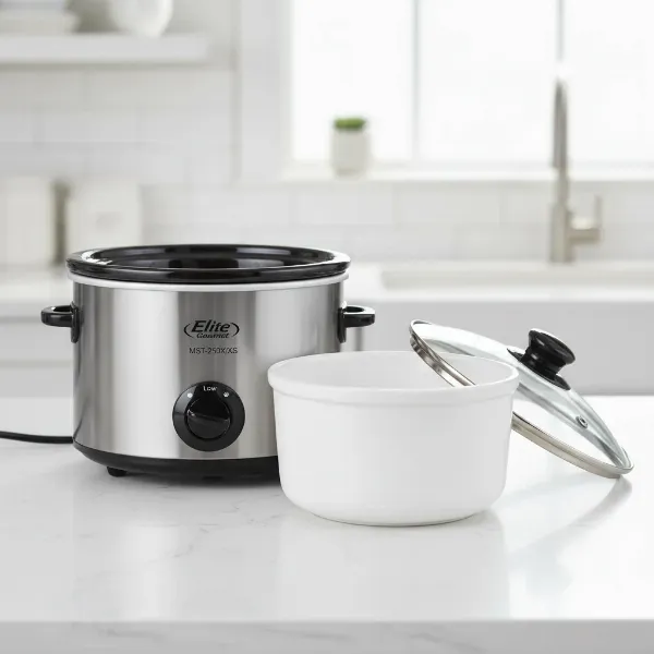 A compact Elite Gourmet 1.5 quart slow cooker with its ceramic pot and glass lid.