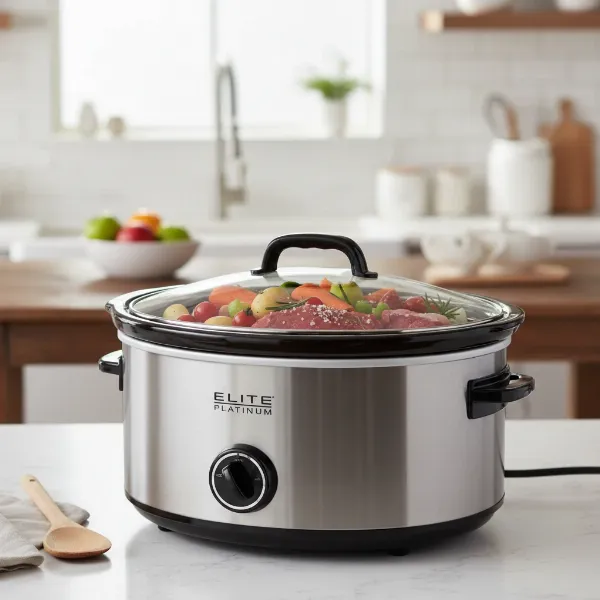 Maxi-Matic Elite Platinum slow cooker on a kitchen counter with raw ingredients, ready for cooking.