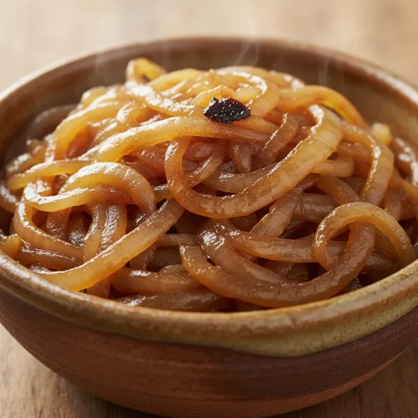 A bowl overflowing with perfectly golden-brown, rich, and jammy caramelized onions, ready for serving.