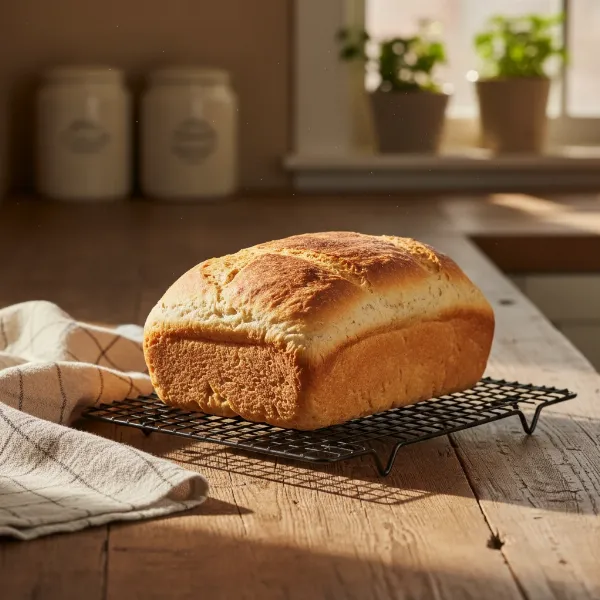 Freshly baked loaf of slow cooker bread cooling on a wire rack on a wooden surface