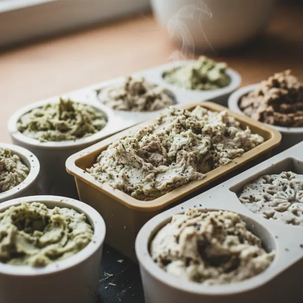 Freshly molded hot process soap bars cooling in silicone molds, ready for unmolding.