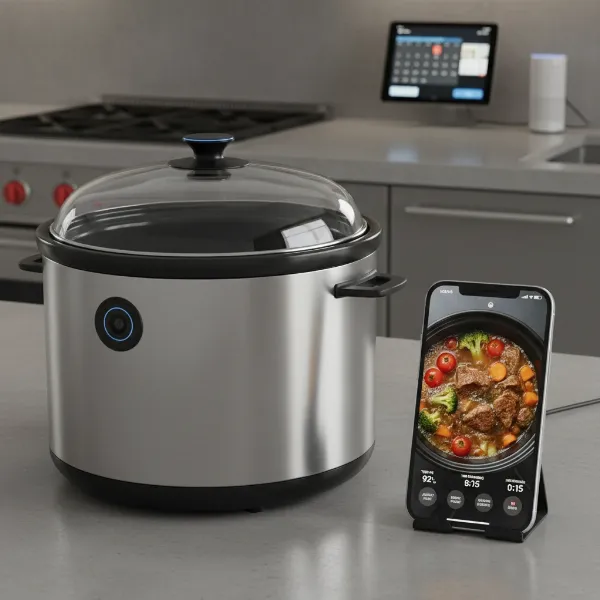 A futuristic smart slow cooker with an integrated camera displaying food on a smartphone app.