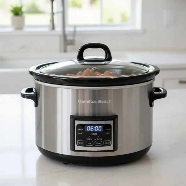 A Hamilton Beach Stay or Go 6-Quart Slow Cooker with a modern stainless steel finish.