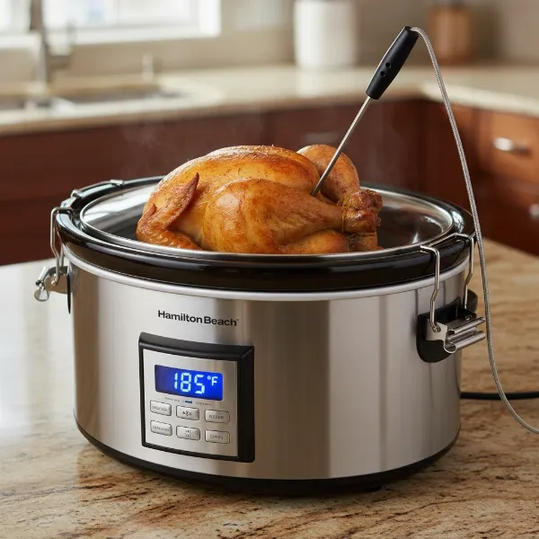 Hamilton Beach Temp Tracker slow cooker with temperature probe inserted into roast chicken