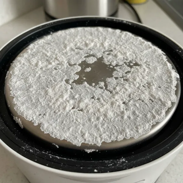 Close-up of significant white chalky hard water stains on a metal appliance heating element.
