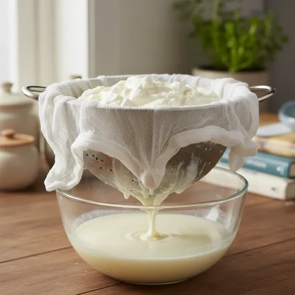 freshly made slow cooker yogurt being strained to create Greek style