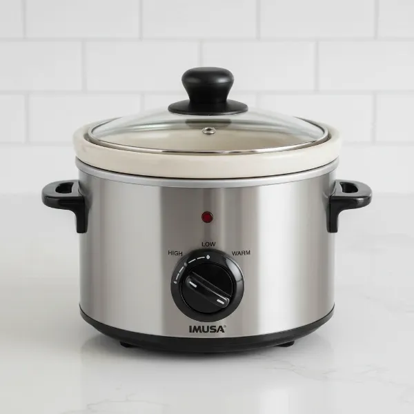 Compact IMUSA 1.5 quart slow cooker perfect for small portions and warming dips, with a simple dial.